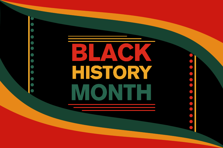 Black History Month graphic on a black background with red, yellow, and green swoops across two corners