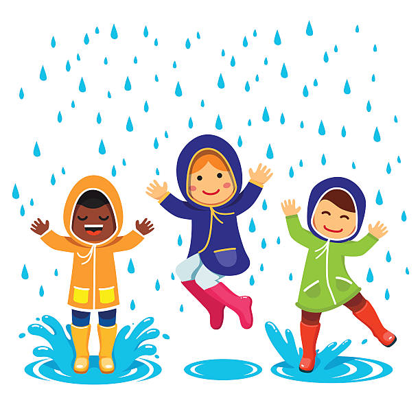cartoon graphic of 3 children playing in the rain