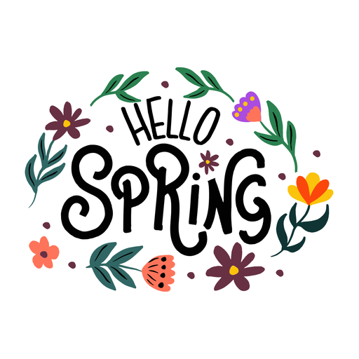 Text reads "Hello Spring" with flowers and leaves circling the text