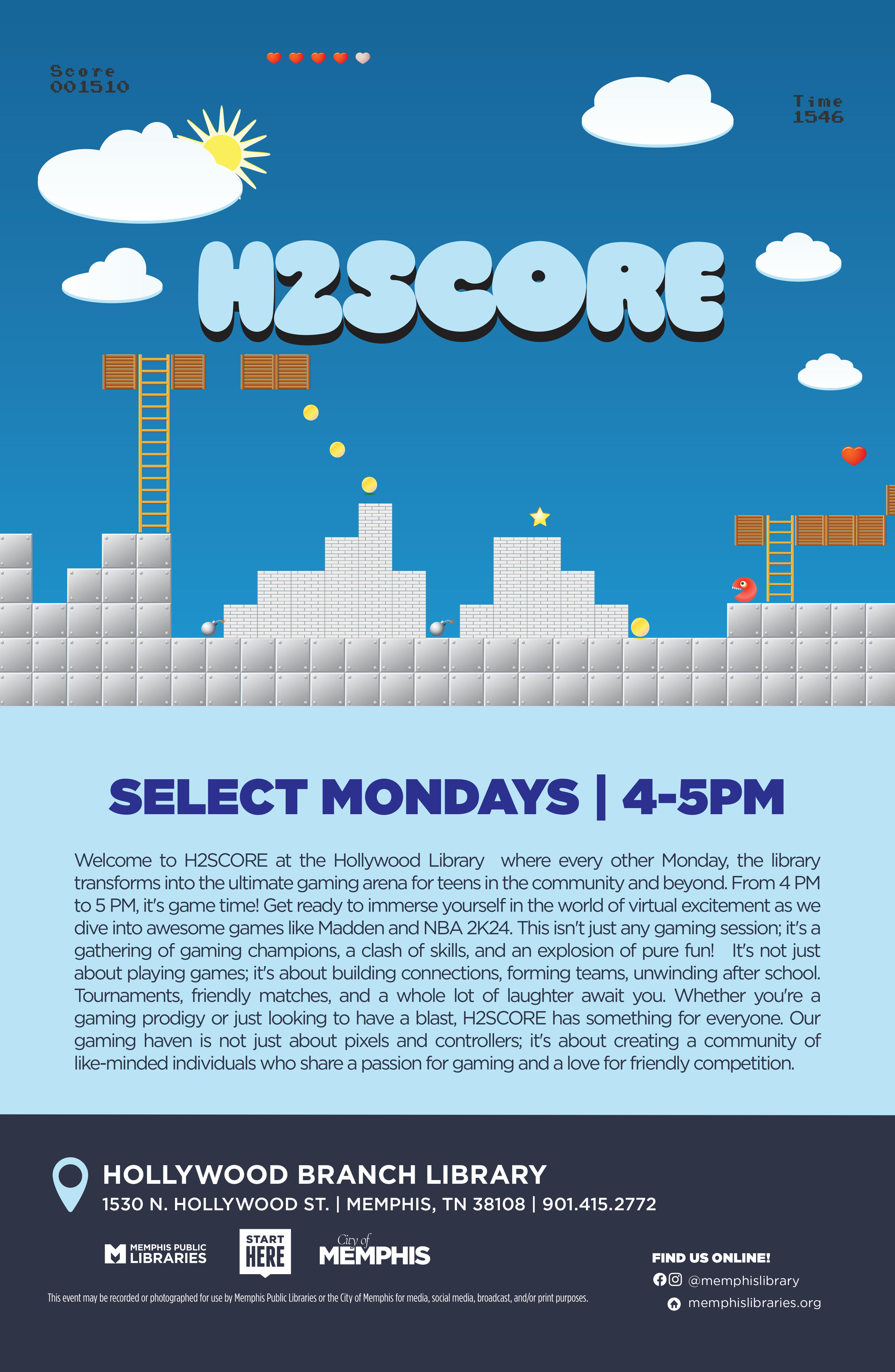 Title: H2SCORE                Description:Step into the thrilling world of H2SCORE at the Hollywood Library, where every other Monday, the library transforms into a vibrant gaming hub for teens both local and beyond. From 4 PM to 5 PM, it's time to embark on a virtual adventure filled with excitement as we delve into popular games like Madden and NBA 2K24. This isn't merely a gaming session; it's a gathering of skilled players, a clash of talents, and an explosion of pure enjoyment! It's more than just play