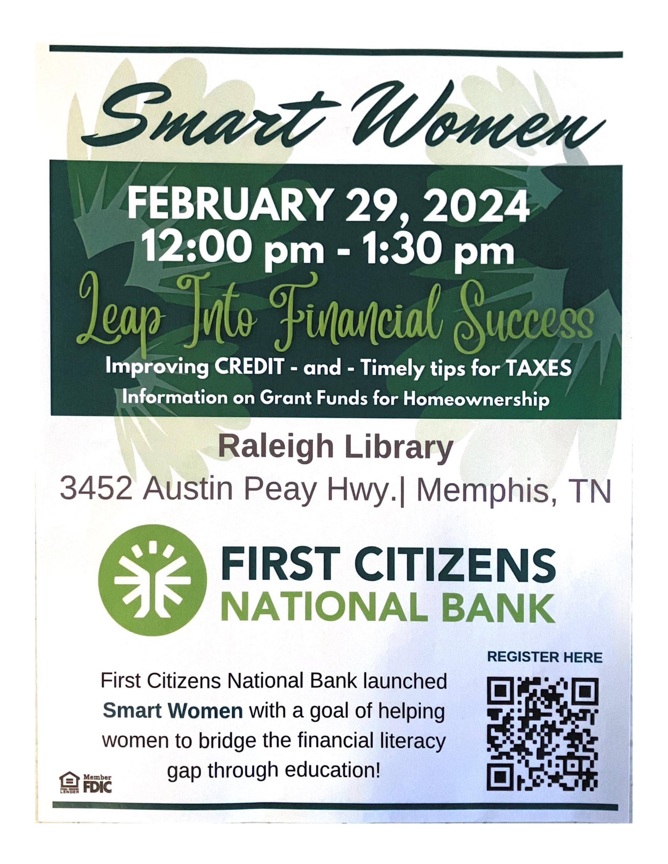 Green and White Flyer with title "Smart Women" displaying information about program