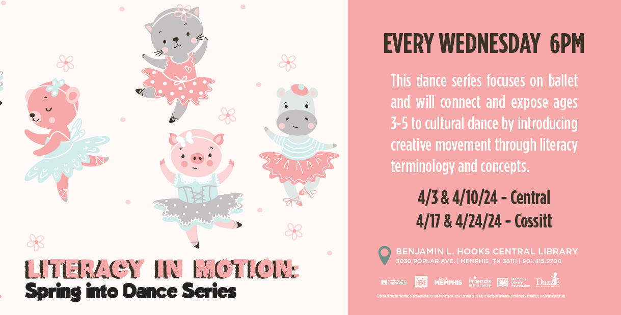 This dance series focuses on ballet. Children ages 3-6 will be exposed to cultural and creative movement through literacy terminology and concepts. This class is free for children and parents.