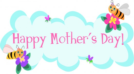 clipart of a light blue cloud with "Happy Mother's Day!" written in pink across it. There are two flowers and cartoon bees in two of the opposite corners