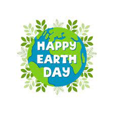 clipart of the planet earth with leaves growing out of it and "Happy Earth Day" written in white