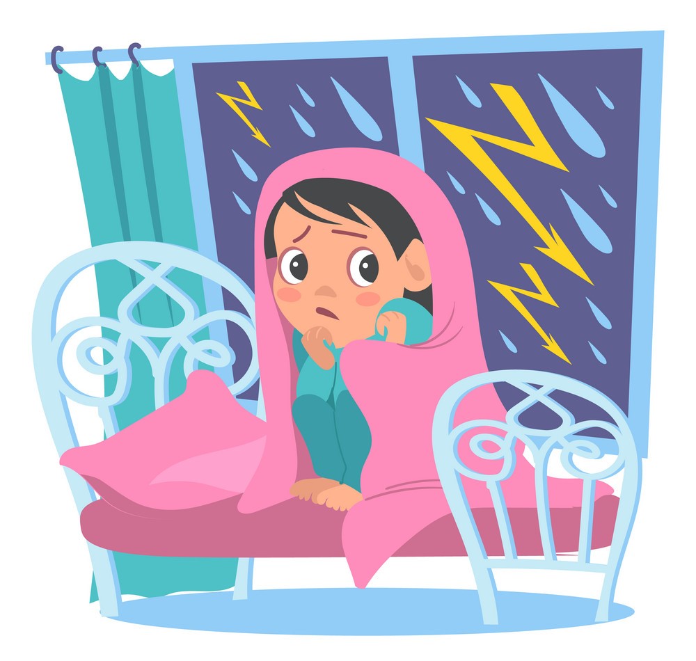 clipart of a frightened child sitting on the bed, under the covers, as a storm happens outside his window