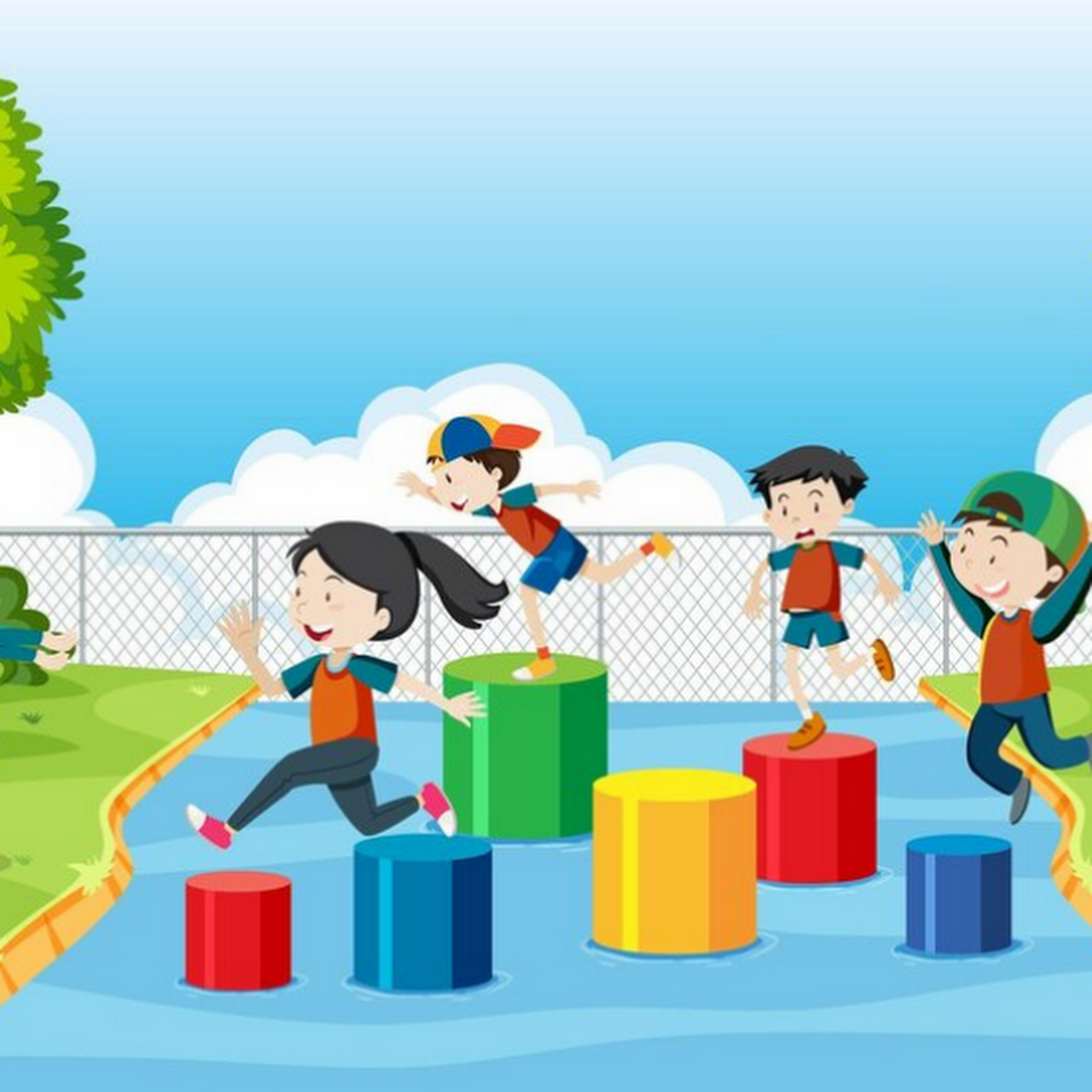 clipart of four children crossing water by stepping on different colored blocks