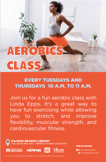 A picture of a woman practicing aerobics on a flyer advertising an aerobics class.