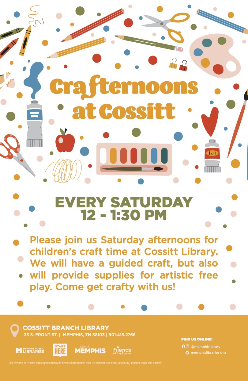 Various colorful art supplies surrounding the event title "Crafternoons at Cossitt".