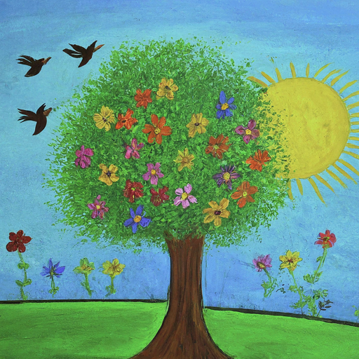 Picture drawing of sunny day and a tree with flowers growing on it and birds flying in the sky.