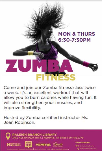 Flyer for a Zumba dance class featuring a woman dancing. 