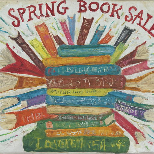 stack of books and sign that says spring book sale.