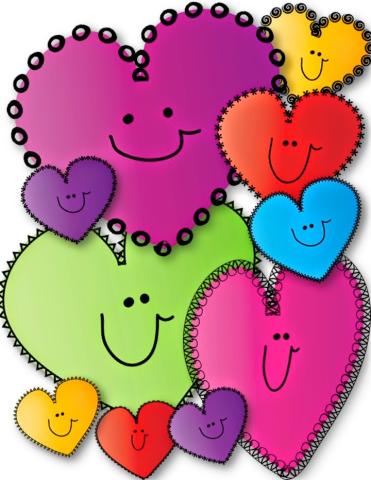 different colored hearts in various sizes with smiley faces drawn on each