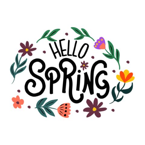 Text reads "Hello Spring" with flowers and leaves circling the text