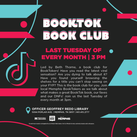 booktok book club with tiktok logo and bright colors on black background