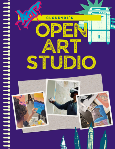 Flyer for Open Art Studio featuring an image of a teen painting, a teen using an Oculus VR set, and an image that shows several digital prints.