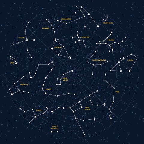 labeled constellations in the night sky