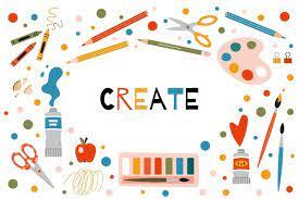 "Create" in multiple colors surrounded by various art supplies
