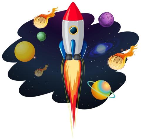 clipart of a rocket ship shooting into the sky surrounded by the planets