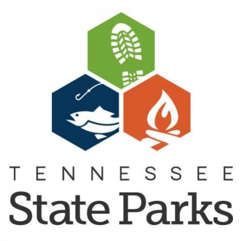 Tennessee State Park logo featuring stacked hexagonal shapes with outdoor activities in each hexagon (hiking, fishing, and camping).