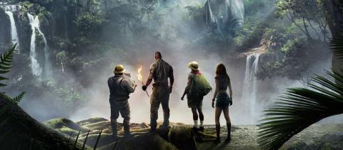 Image of the 2017 Jumanji characters looking into the distance.