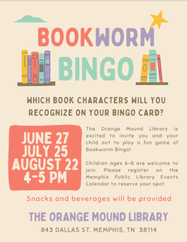 Bookworm Bingo flyer with dates and description of event.