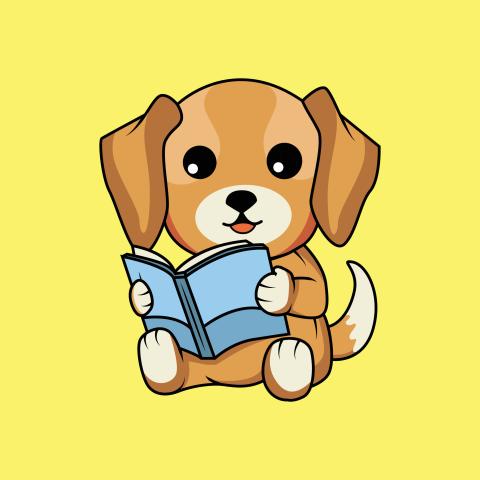 clipart of dog reading a book on a yellow background