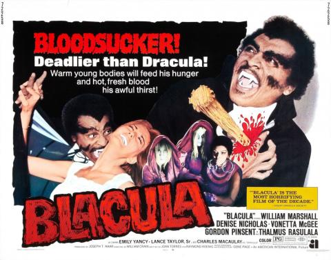 Poster for the movie 'Blacula.' The image features a close-up of Blacula's menacing face with glowing eyes and fangs bared. The background is dark, highlighting his face. The title 'Blacula' is in bold, dramatic lettering on the bottom.