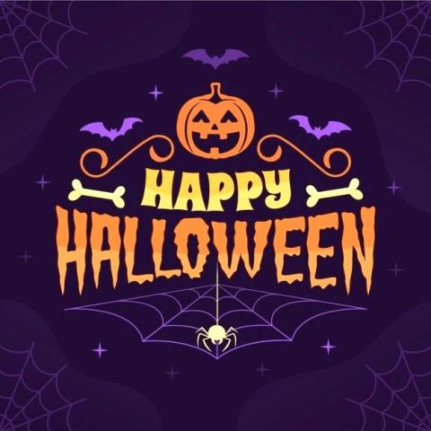 "Happy halloween" written in yellow and orange with a pumpkin and bats above and a spider web below. All on a purple background