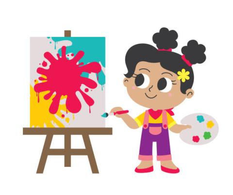 Little girl paints on canvas