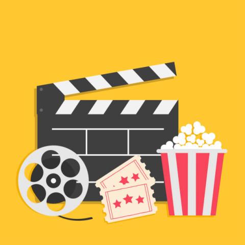 cartoon images of movie-themed items (popcorn, tickets, reel of film, and clapboard) on a yellow background