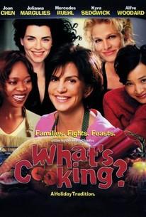 Poster for the movie "What's Cooking?" with five women's faces around a turkey.