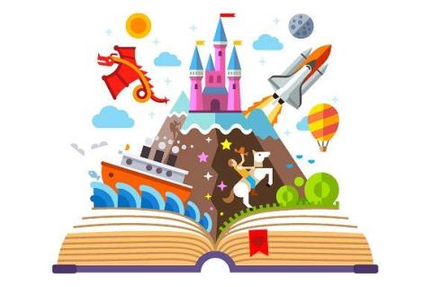 clipart of an open book with a boat, horse, rocket ship, castle, and dragon coming out of it