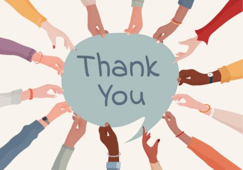 clipart of dialogue bubble saying "thank you" with hands all reaching in