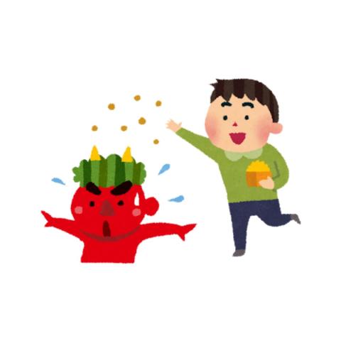 mamemaki. a child throwing beans at a red oni.