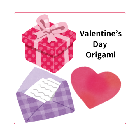 Valentine's day origami. A hot pink box with light pink ribbon, an opened purple envelope with paper, and a hot pink heart.