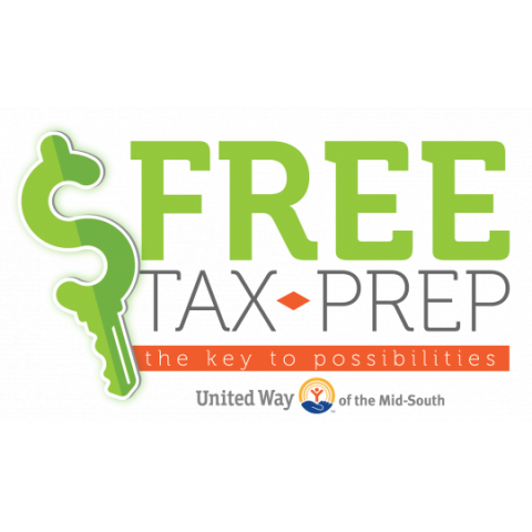 Green capital letters saying FREE with Tax Prep under that.  Followed by the information that this is sponsored by the United Way of the Mid-South.