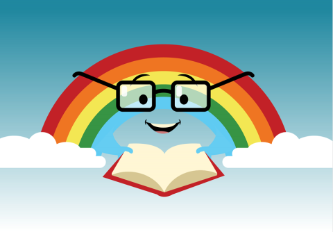 clipart of a rainbow wearing glasses reading a book