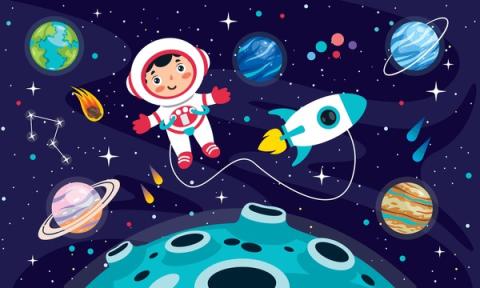 clipart scene of a child astronaut connected to a rocket ship in space with planets and stars in the background