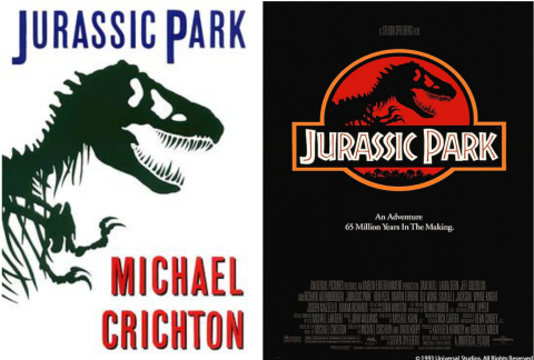 Jurassic Park book cover and movie poster