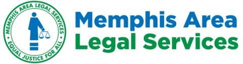 Blue and Green logo Memphis Area Legal Services with Justice holding scales