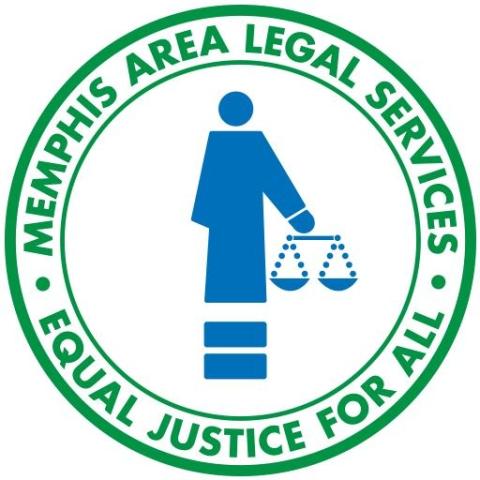 Green Text Memphis Areal Legal Services Equal Justice for All set in a circle around blue image of Justice holding scales.