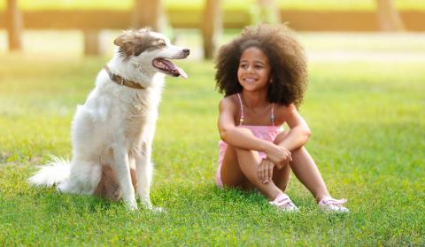 photo of a young girl and a dog sitting next to each other on the grass