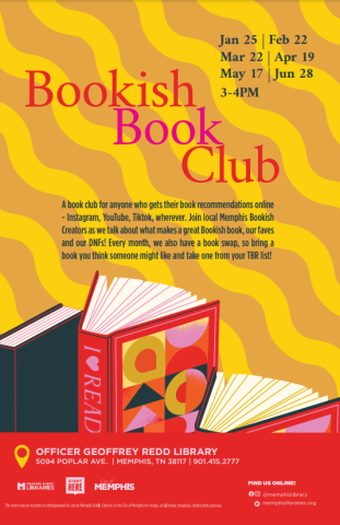 yellow and red poster with books on it, advertising bookish book club