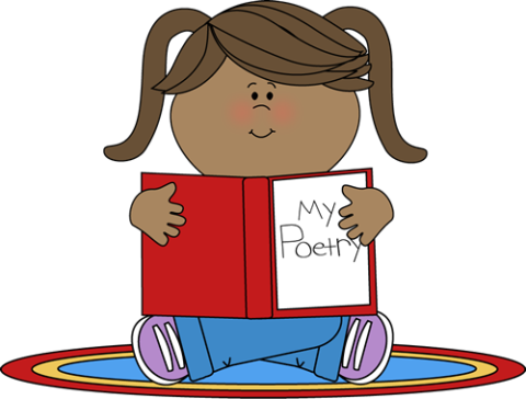 clipart of a young girl sitting on a rug reading a book that says "My Poetry" on the front