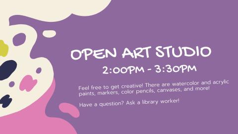 purple background and paint palette; open art studio 2-3pm