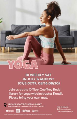 Yoga at Officer Geoffrey Redd Library 07/05, 07/19, 08/16, & 08/30
