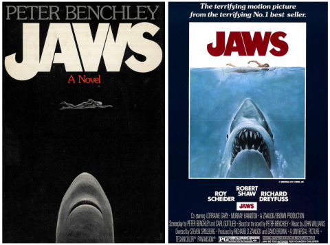 Jaws book cover and movie poster