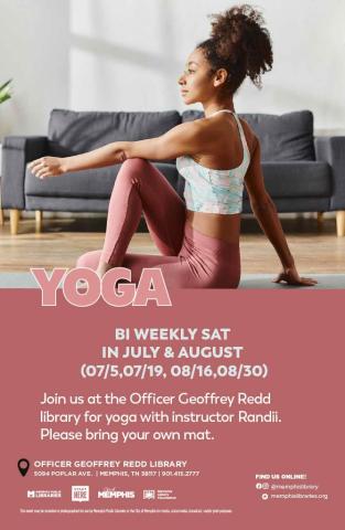 Yoga 07/19, 08/02, 08/16, & 08/30 12 pm at Officer Geoffrey Redd. 