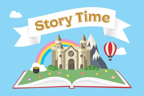 sky blue background with an open book that has a castle, mountain, rainbow, and balloon popping out of it. There's a ribbon that says "Story Time" above the image