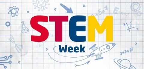 STEM Week typed on graphing paper with images of various STEM elements in the background like spaceships, planets, beakers, equations, etc.